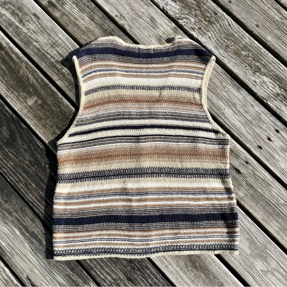 Men’s Vintage Nineties Tan Navy Striped Sleeveless Sweater Vest Unisex Size L - Picture 4 of 7